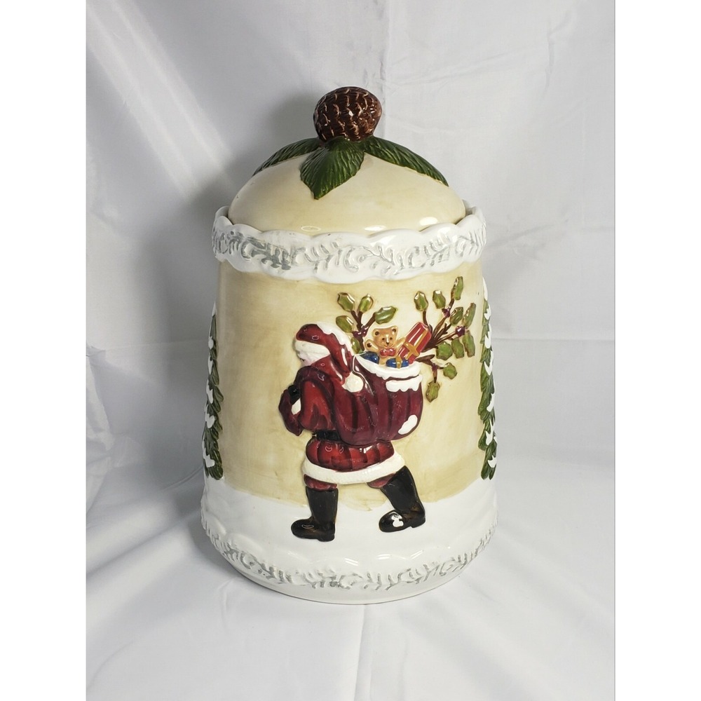 Vintage Mercuries Christmas Ceramic Cookie Jar Santa Snowman Pine Tree/Cone